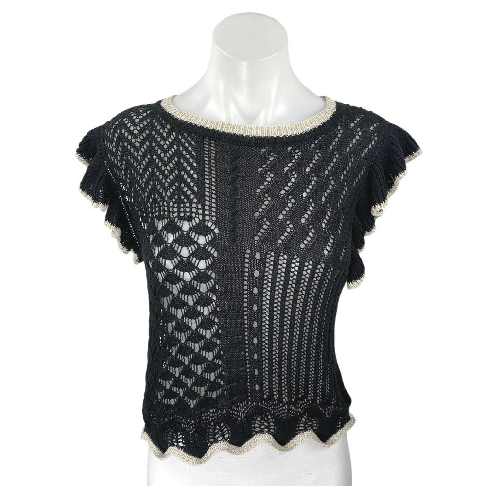 Bluivy Women's Black Open Crochet Knit Ruffle Short Sleeve Sweater Top Size L